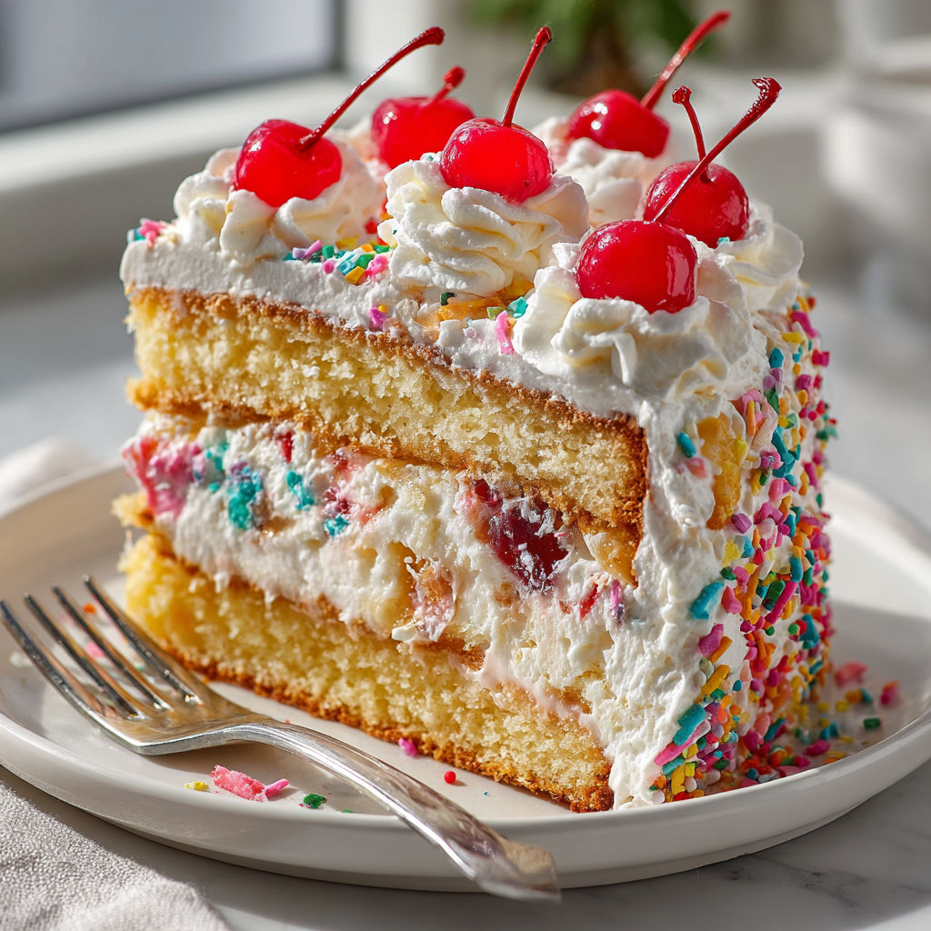 A slice of Rebel Float Cake with cherries on top.