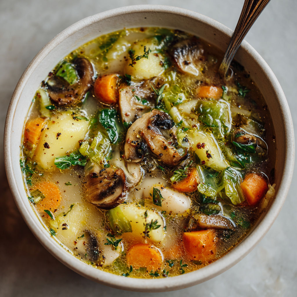 A bowl of soup with mushrooms, carrots, and greens.