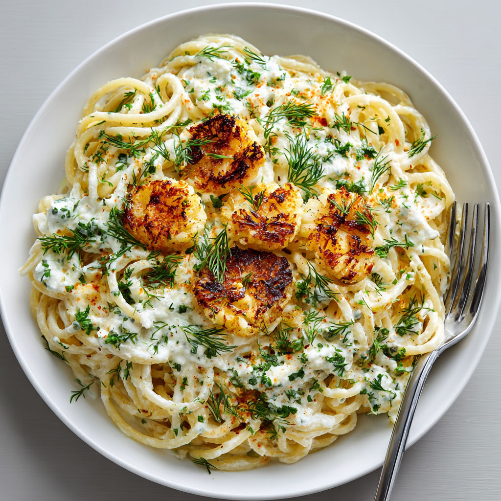 A plate of pasta with garlic and yogurt.