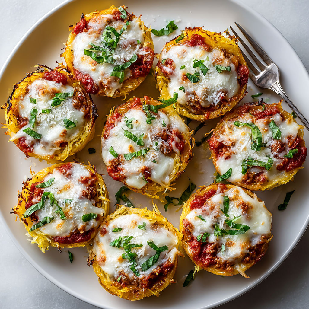 A plate of food with spaghetti squash lasagna cups.