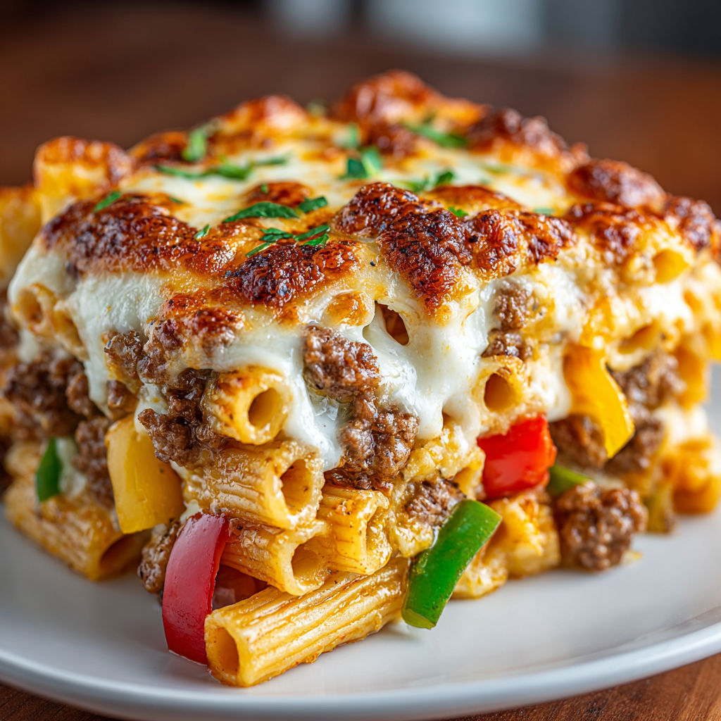 A delicious looking pasta dish with meat and cheese.