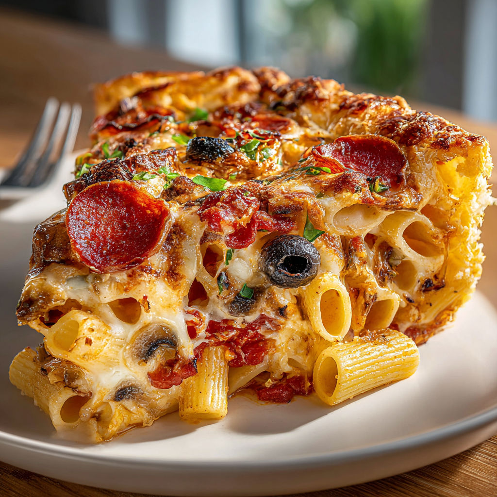 A slice of pizza with rigatoni noodles and olives.