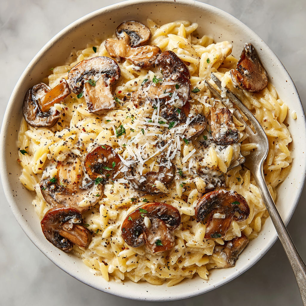A bowl of pasta with mushrooms and cheese.