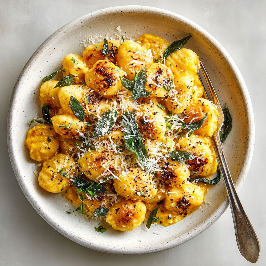 A bowl of gnocchi with cheese and herbs.