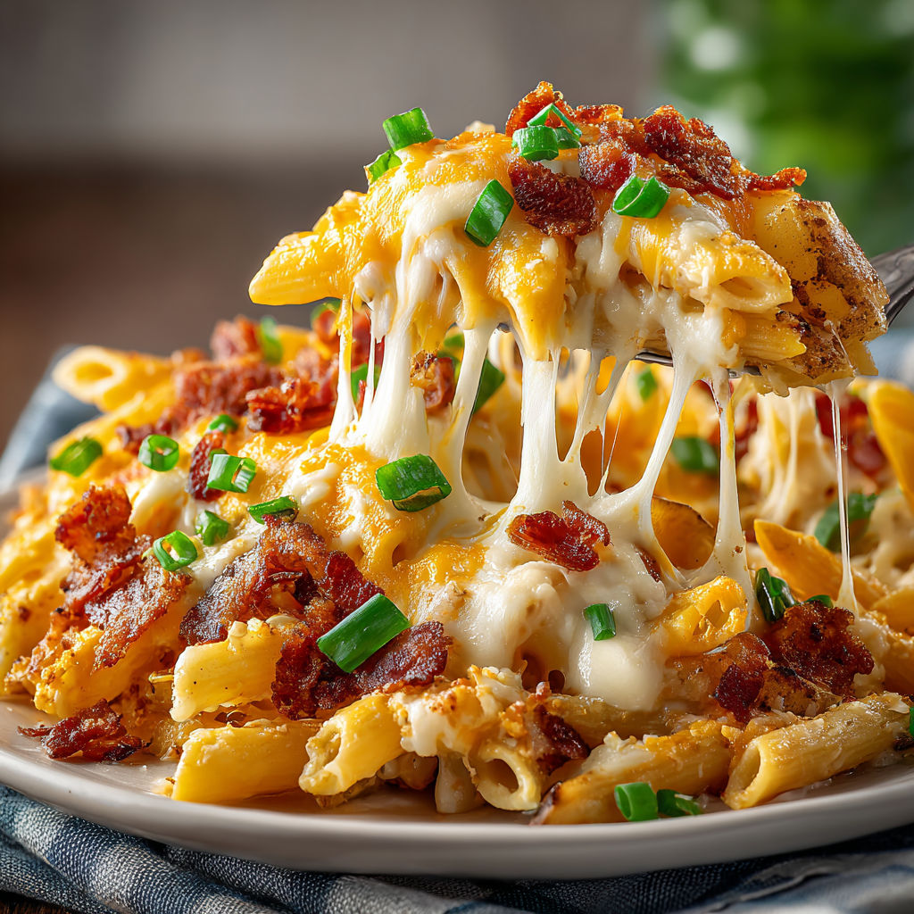 A plate of pasta with cheese and bacon.