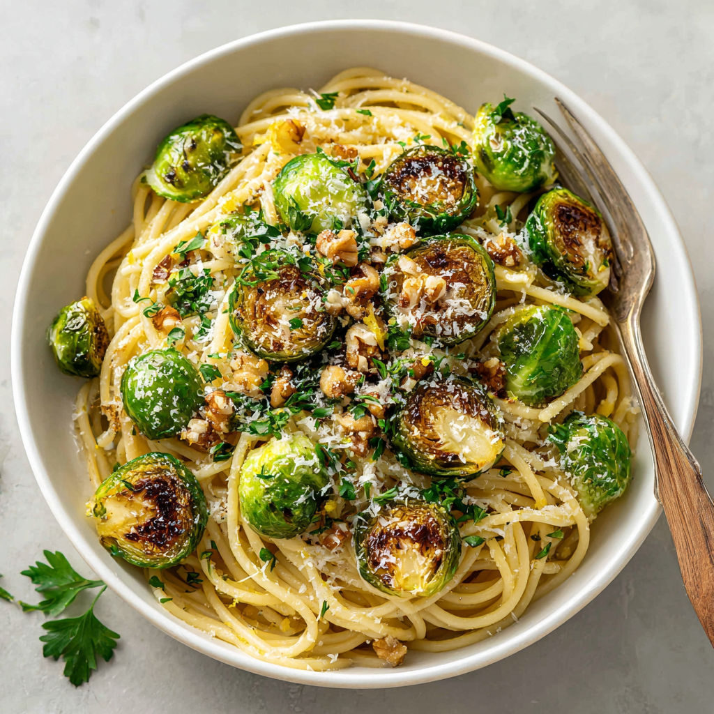 A bowl of pasta with brown butter brussels sprouts.