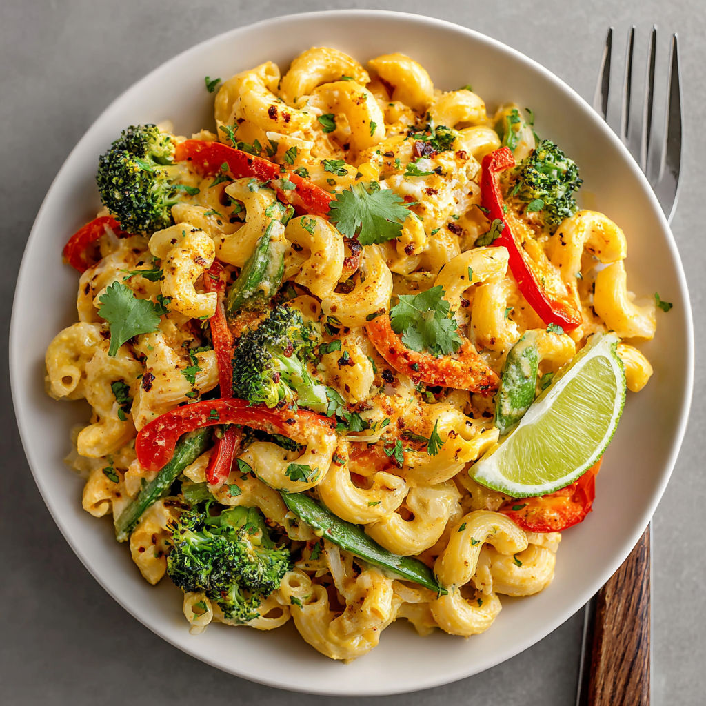 A bowl of creamy Thai curry mac and cheese mashup.