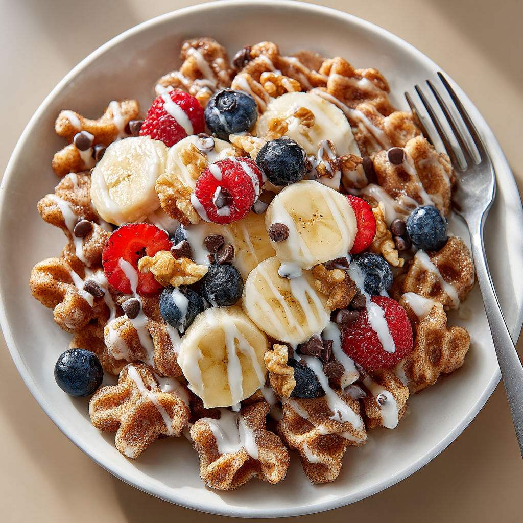 A plate of nacho pasta with bananas, blueberries, and chocolate chips.
