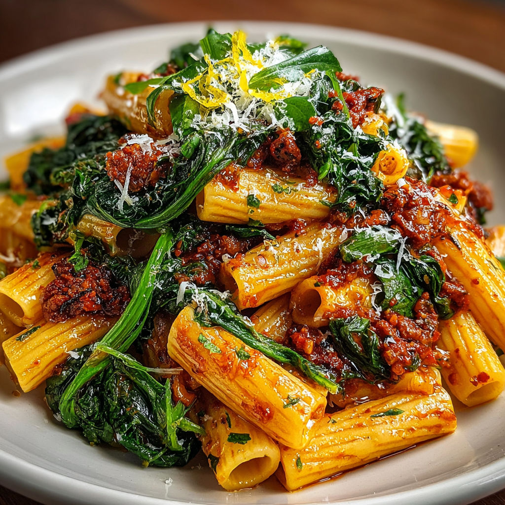 A plate of pasta with greens and cheese.