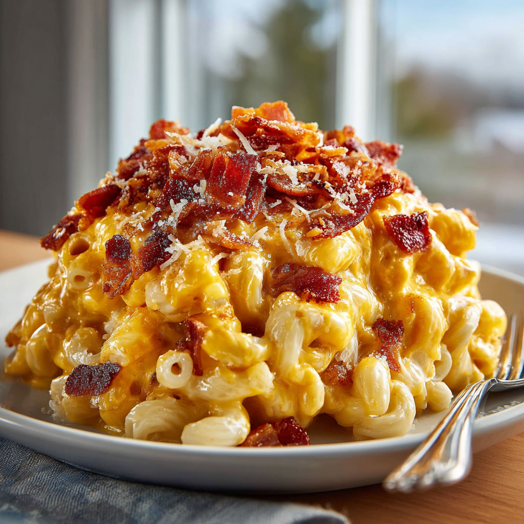 A plate of bacon mac and cheese.