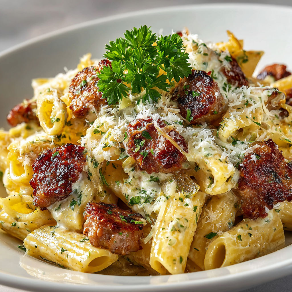 A plate of pasta with sausage, pumpkin, and fennel.