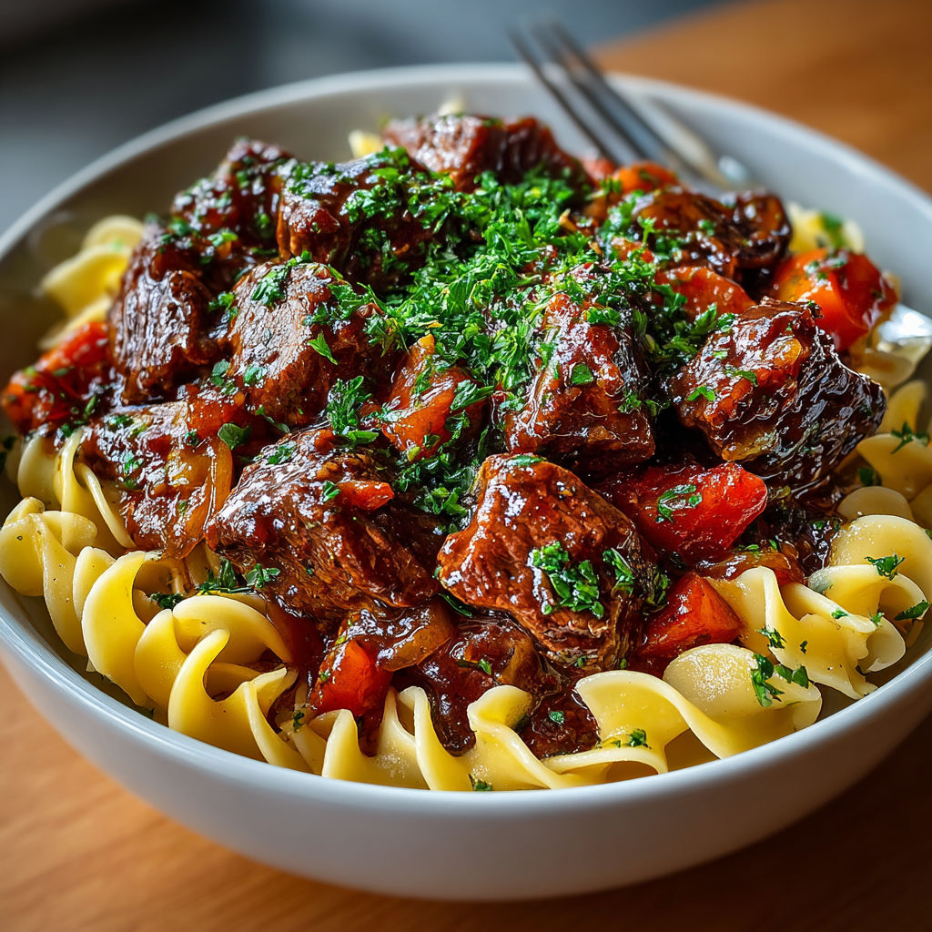 A bowl of pasta with meat and vegetables.