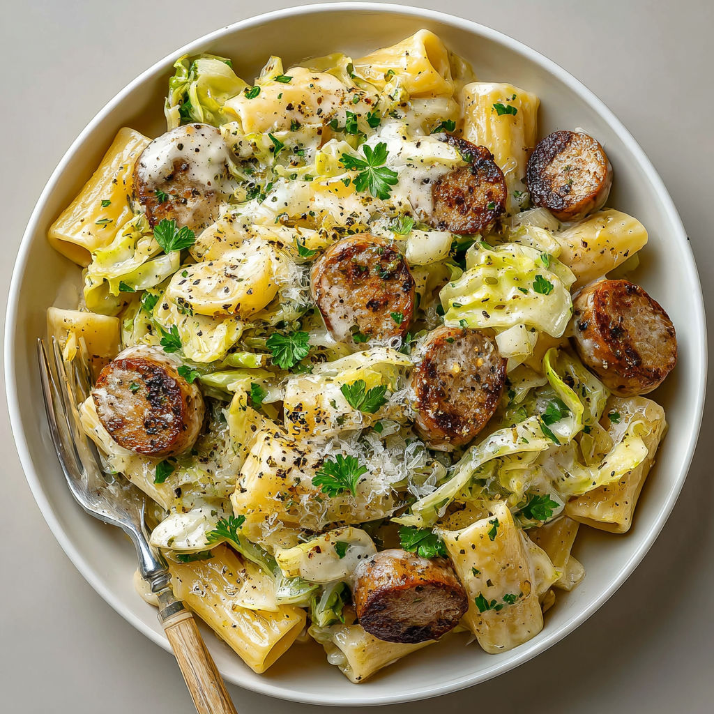 A bowl of pasta with sausage and cabbage.