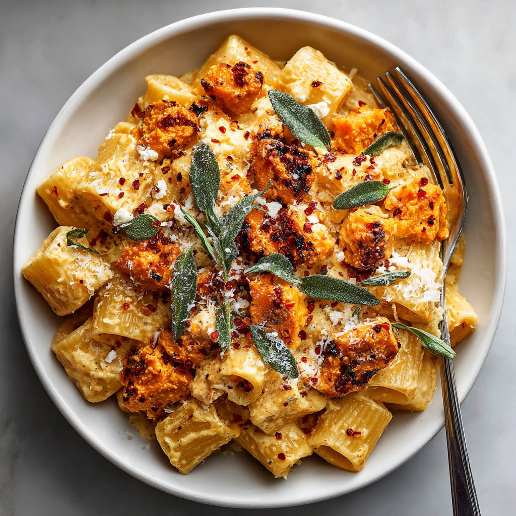 A bowl of pasta with a fork on the side.