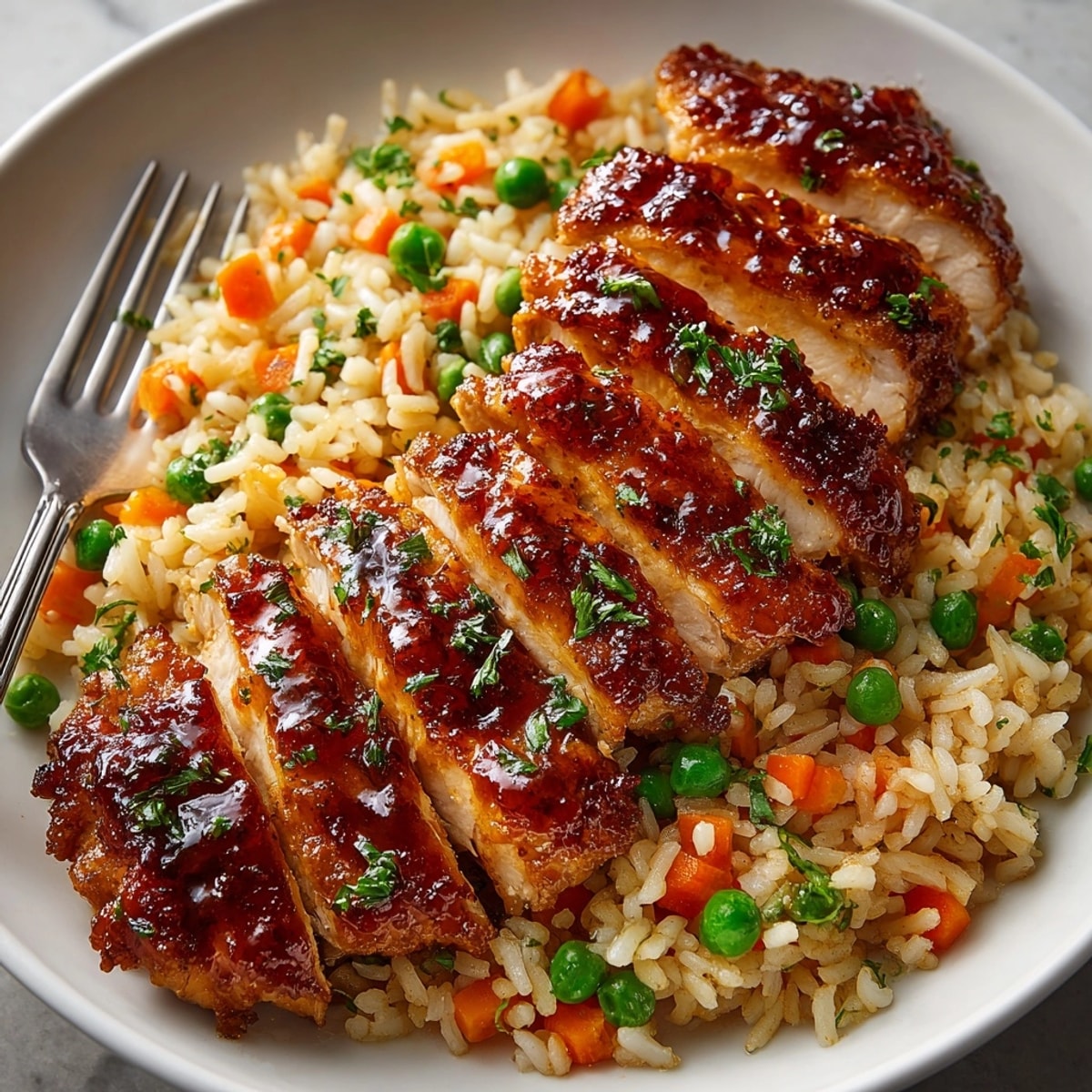 Honey BBQ Chicken & Pilaf Express plated with golden rice, peas, and carrots, garnished attractively.
