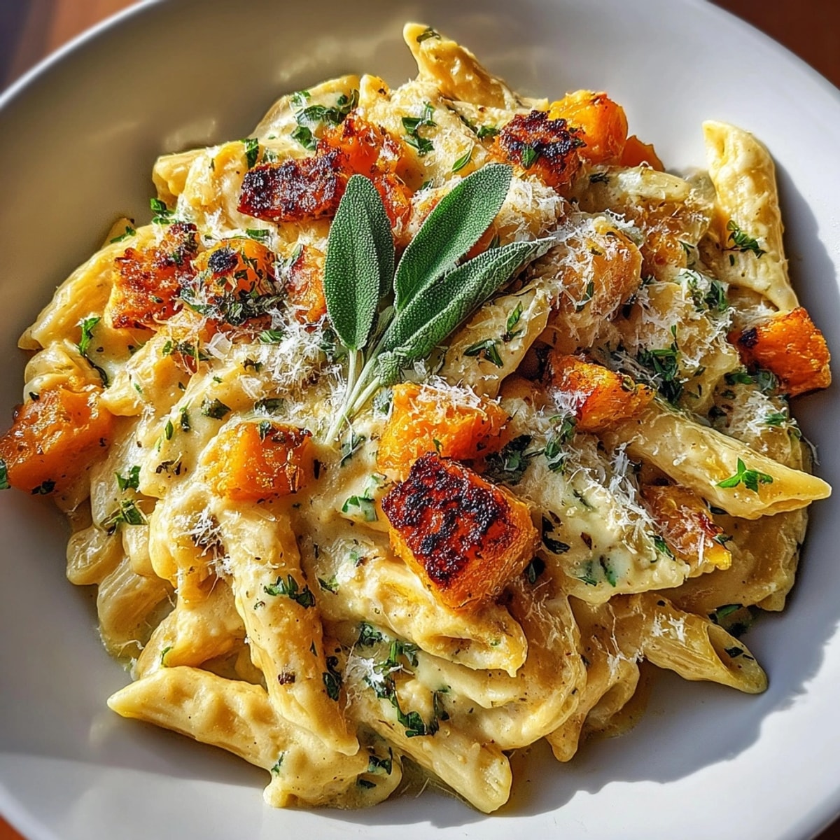 Steaming one-pot creamy butternut squash & sage pasta, coated in velvety parmesan sauce.
