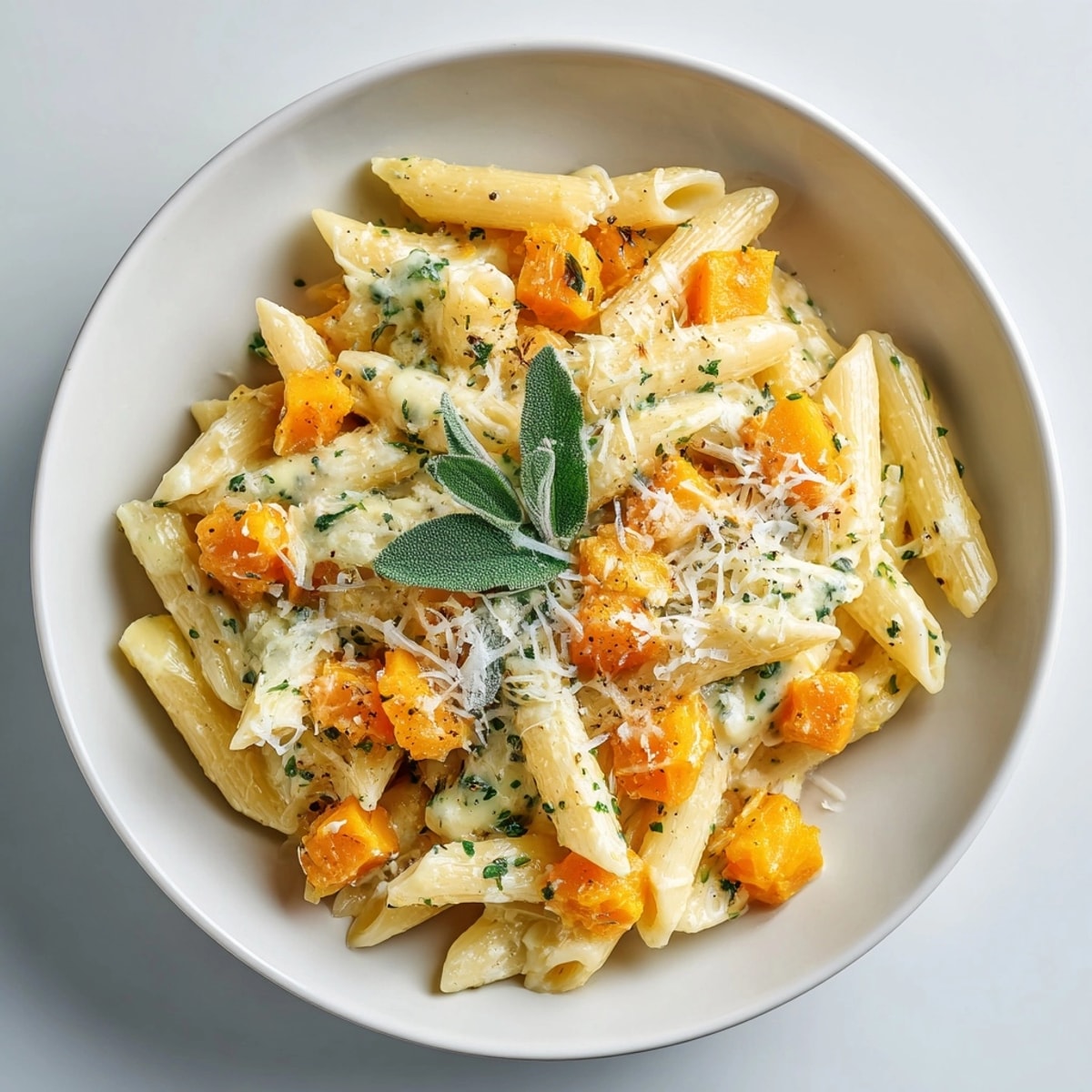 Hearty one-pot creamy butternut squash & sage pasta finished with golden fried sage leaves.