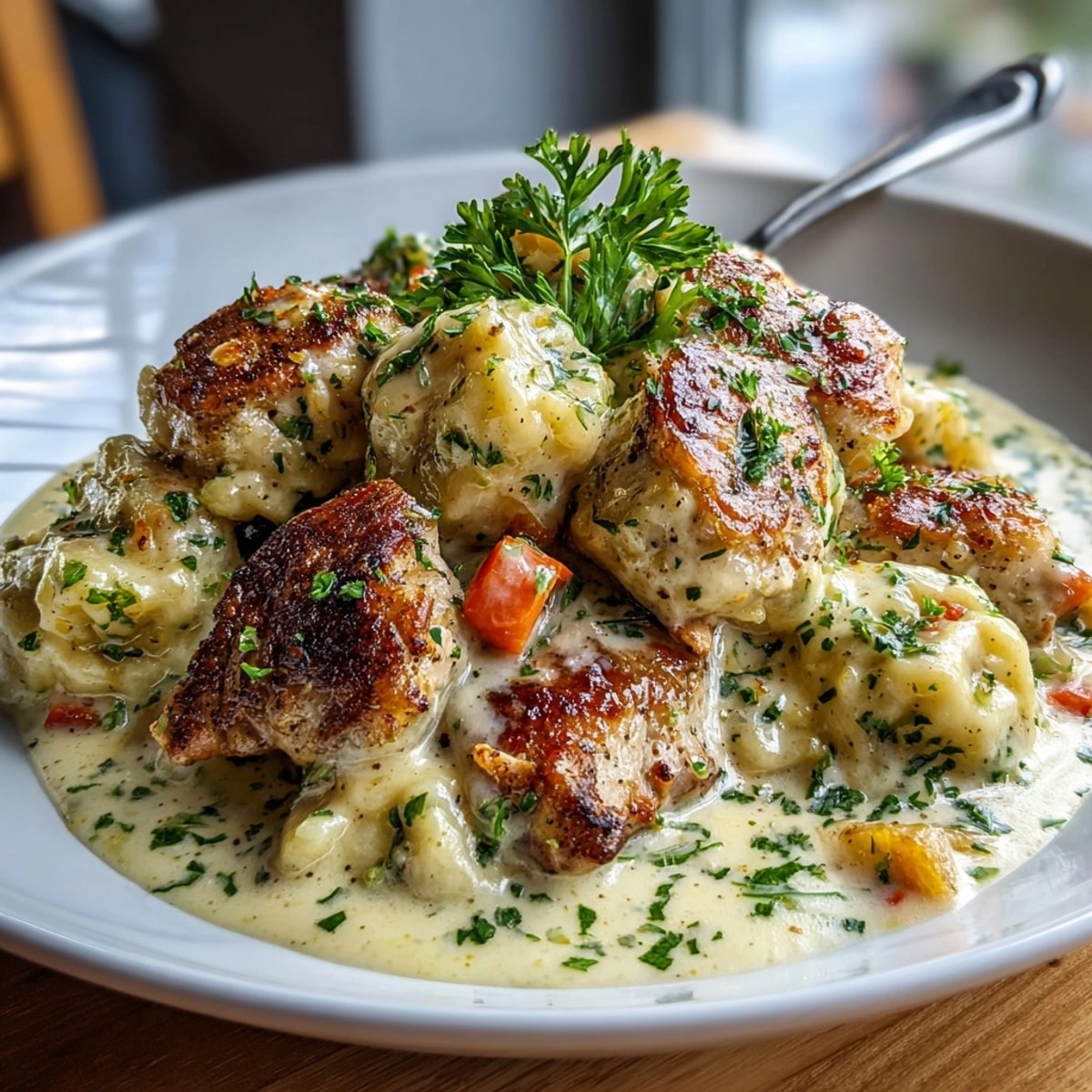 Creamy Southern Chicken & Dumpling Comfort Skillet served hot, garnished with fresh parsley and tender vegetables.