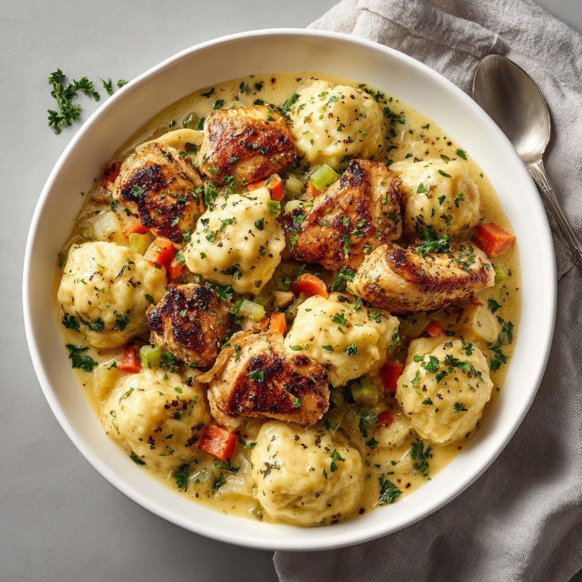 Hearty Southern Chicken & Dumpling Comfort Skillet with savory gravy and soft, homemade dumplings ready to enjoy.