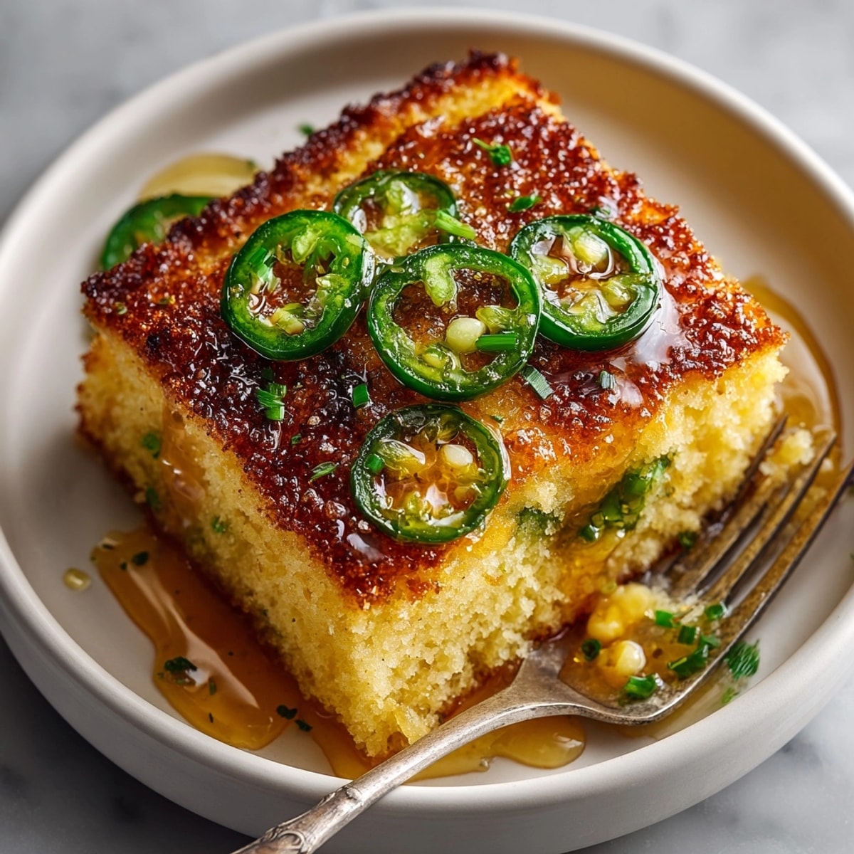 Moist Jalapeño Honey Cornbread pieces on a plate, sweet and spicy aroma ready for serving