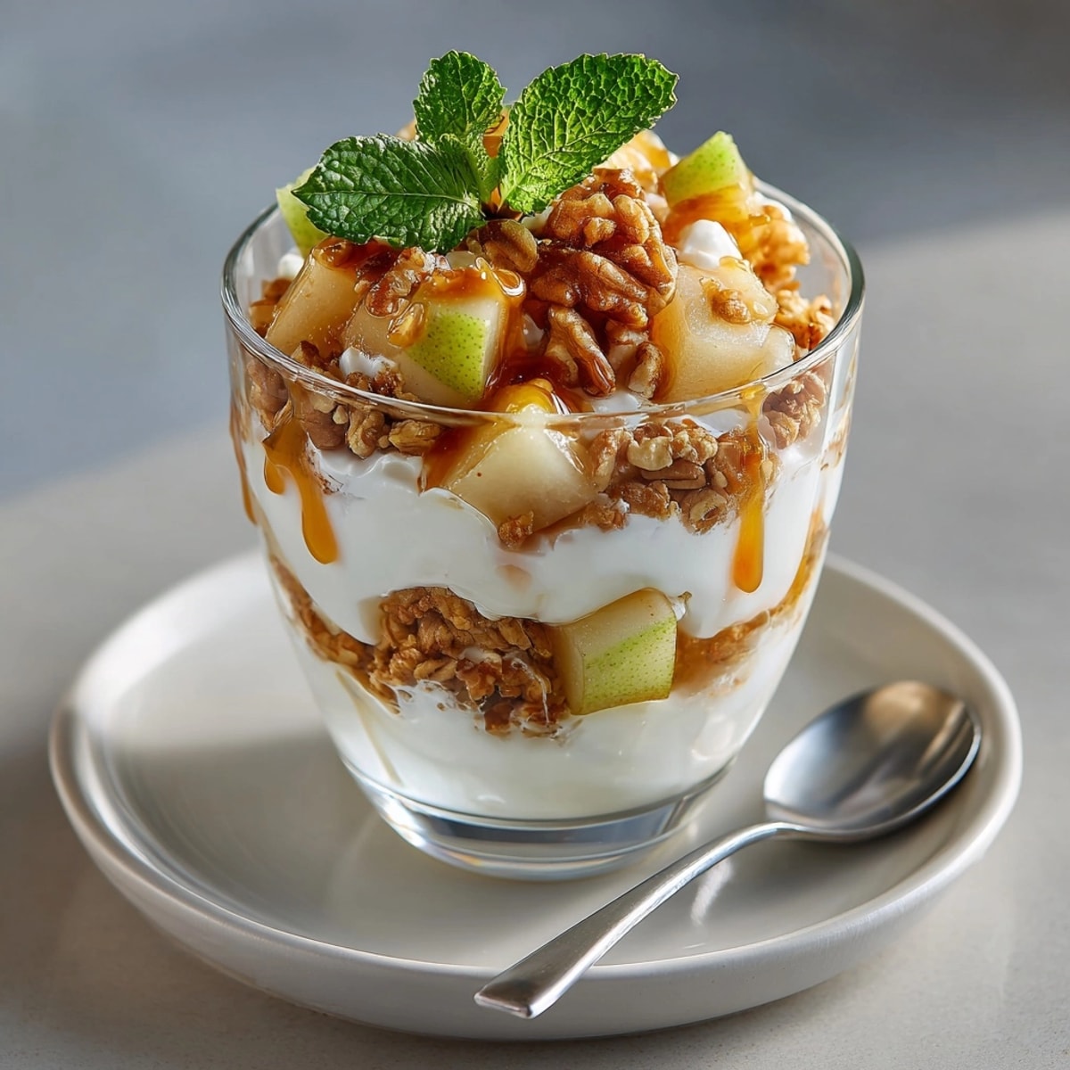 Close-up of Vanilla Yogurt & Pear Breakfast Parfaits showing creamy yogurt, diced pears, and crunchy granola.