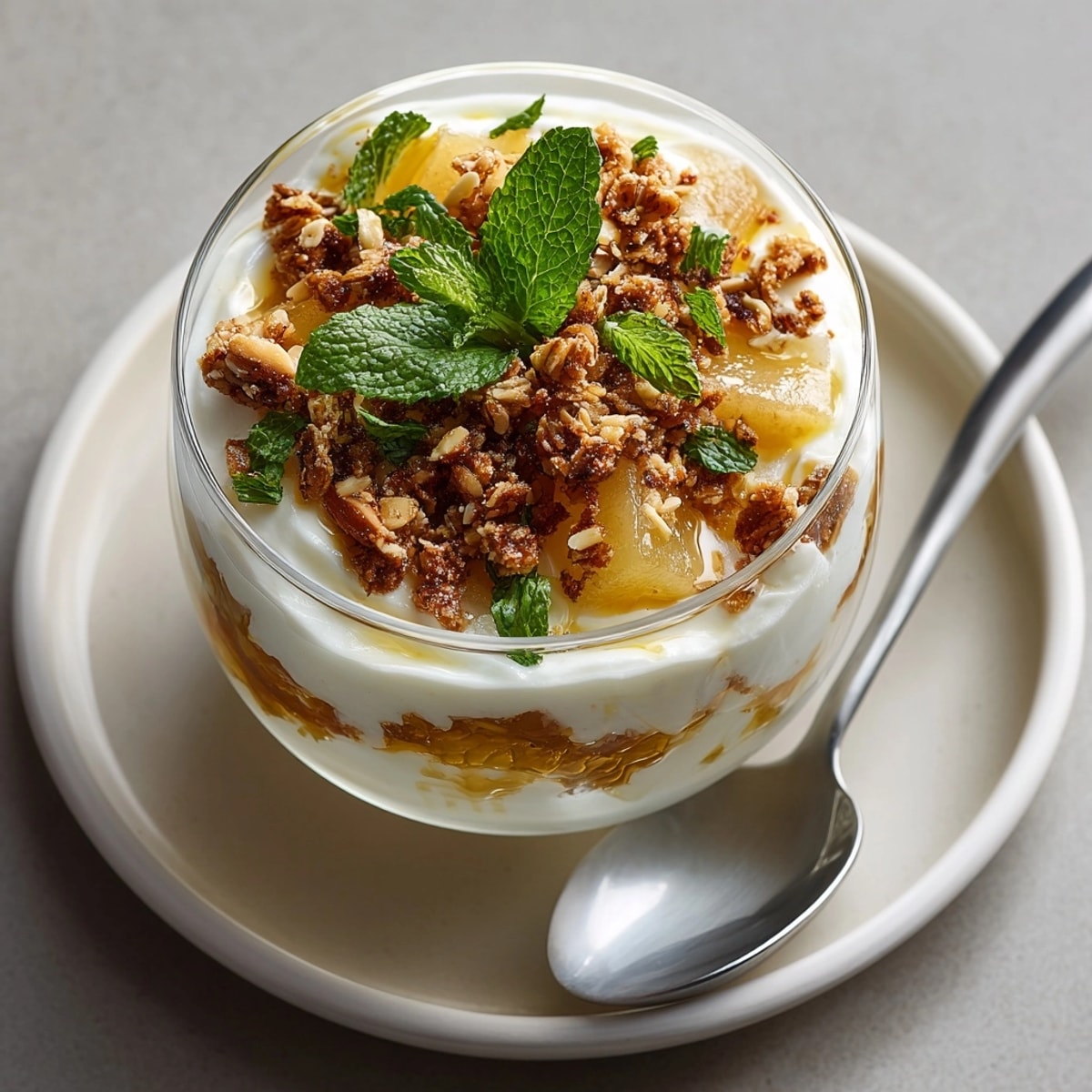 Freshly made Vanilla Yogurt & Pear Breakfast Parfaits served in clear jars for a wholesome morning treat.