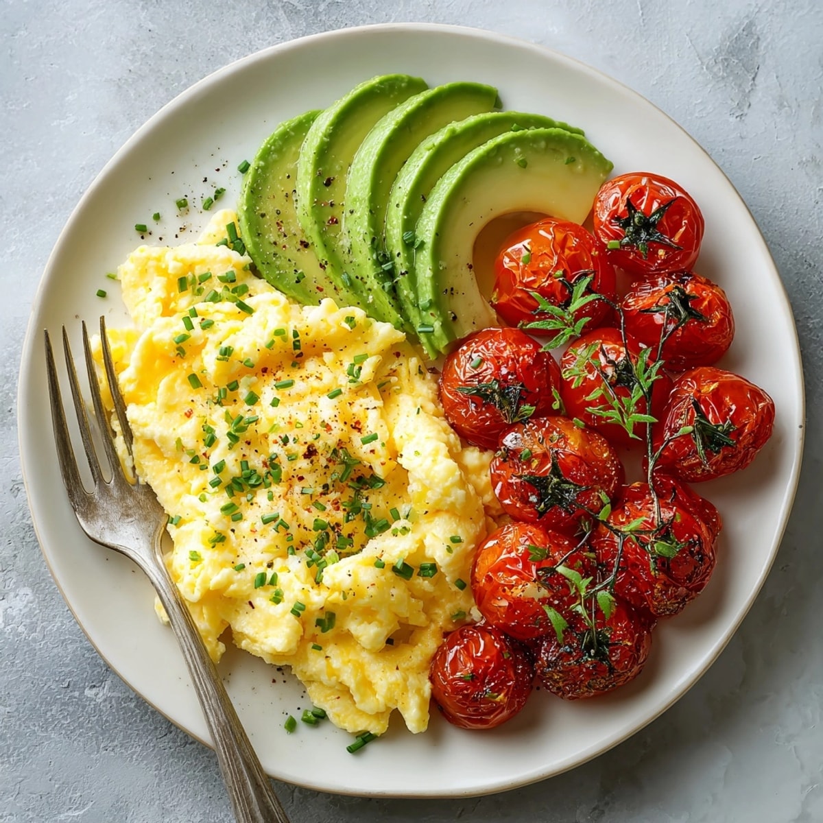 Closeup of creamy scrambled eggs with avocado and roasted tomato, garnished with chives for brunch.
