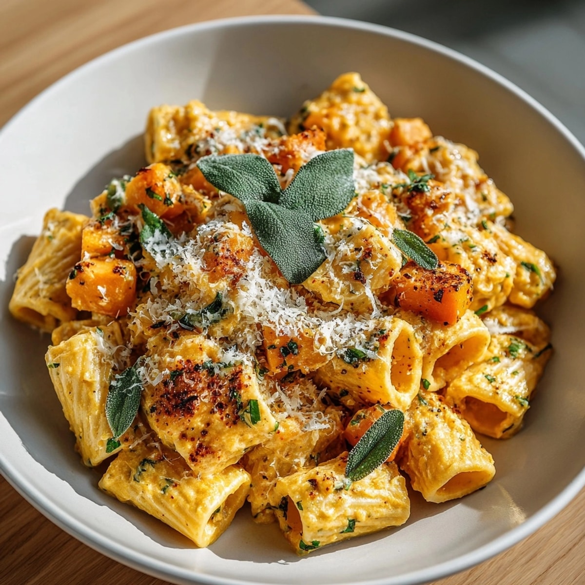 One-pot creamy butternut squash & sage pasta served steaming with a rich, velvety sauce