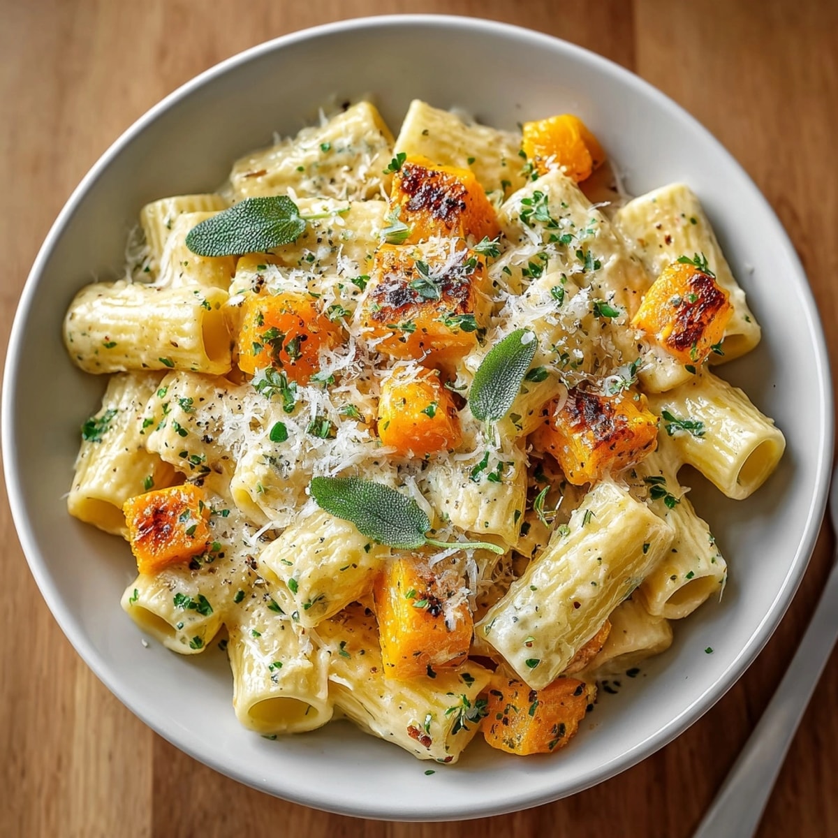 Fresh one-pot creamy butternut squash & sage pasta garnished with parmesan and rustic herbs