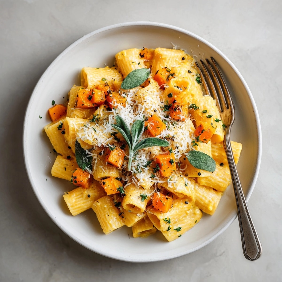 Golden one-pot creamy butternut squash & sage pasta in a cozy fall dinner setting