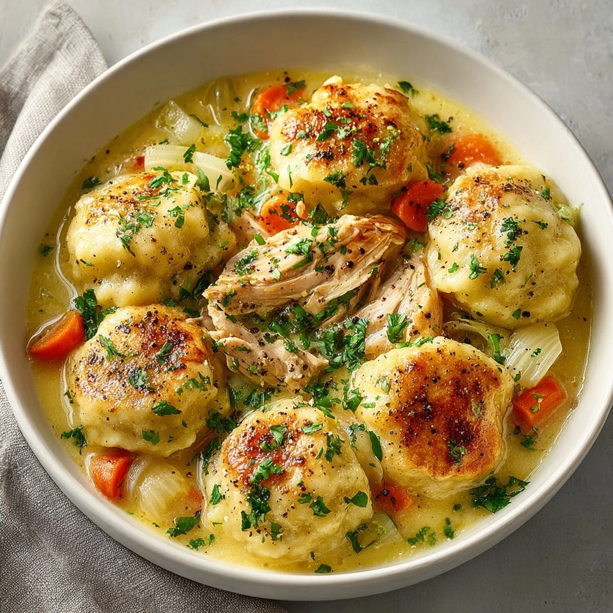 Close-up of fluffy dumplings atop savory Southern Chicken & Dumpling Comfort Skillet for dinner.