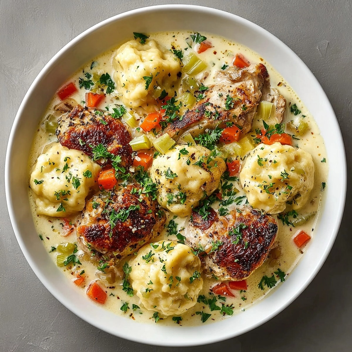 Southern Chicken & Dumpling Comfort Skillet steaming with tender chicken, vegetables, and golden dumplings.