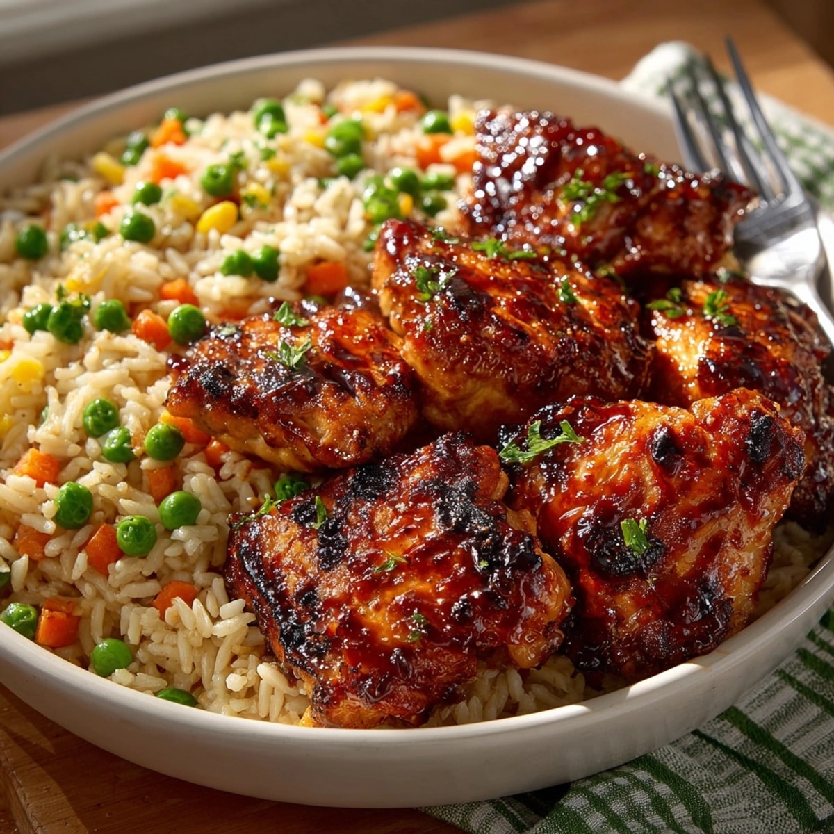 Golden brown Honey BBQ Chicken & Pilaf Express ready for family dinner, bursting with flavor