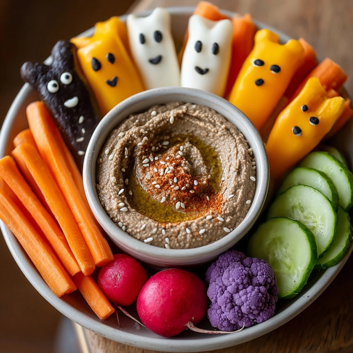 Vibrant black bean hummus surrounded by crunchy, colorful vegetables, a healthy snack option.