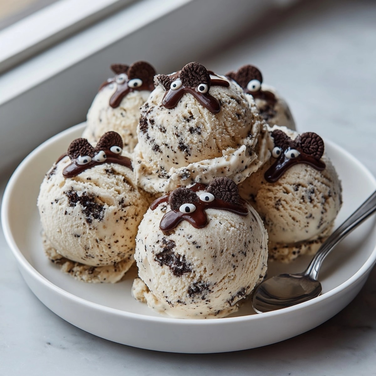 Japanese inspired Black Sesame Ice Cream, rich darkness swirled into pale cream, topped with candy eyes.