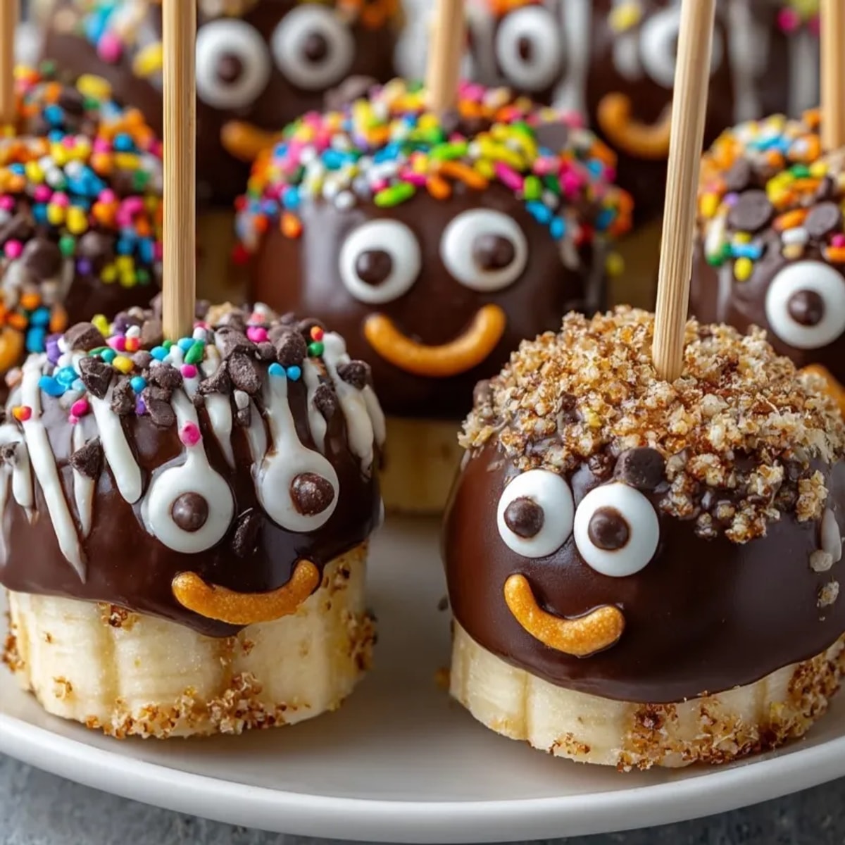 Frozen Spooky Chocolate-Covered Banana Bites lined up on a baking sheet, festive Halloween snack.