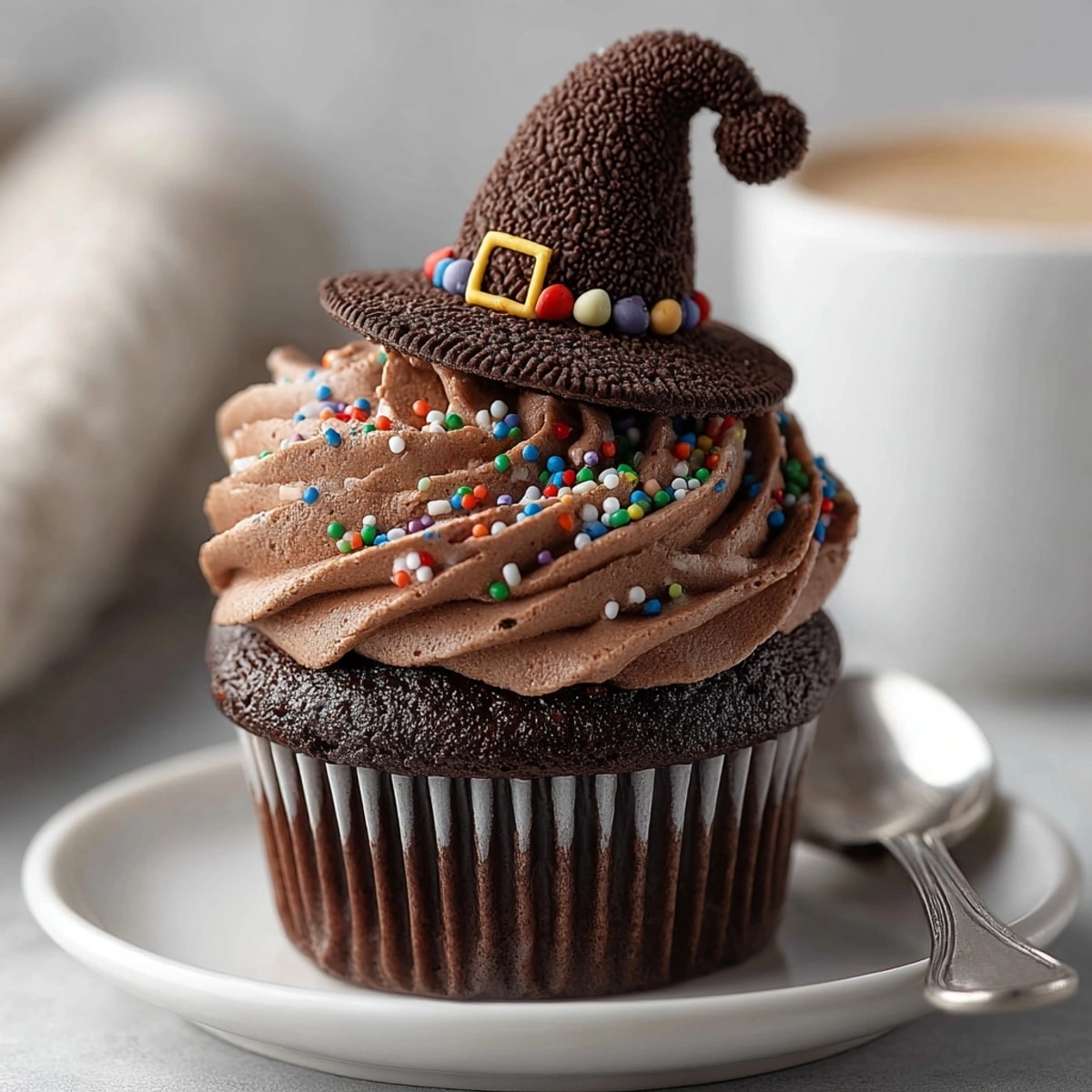 Close-up of moist Witch Hat Surprise Cupcakes, revealing a delightful candy-filled center.