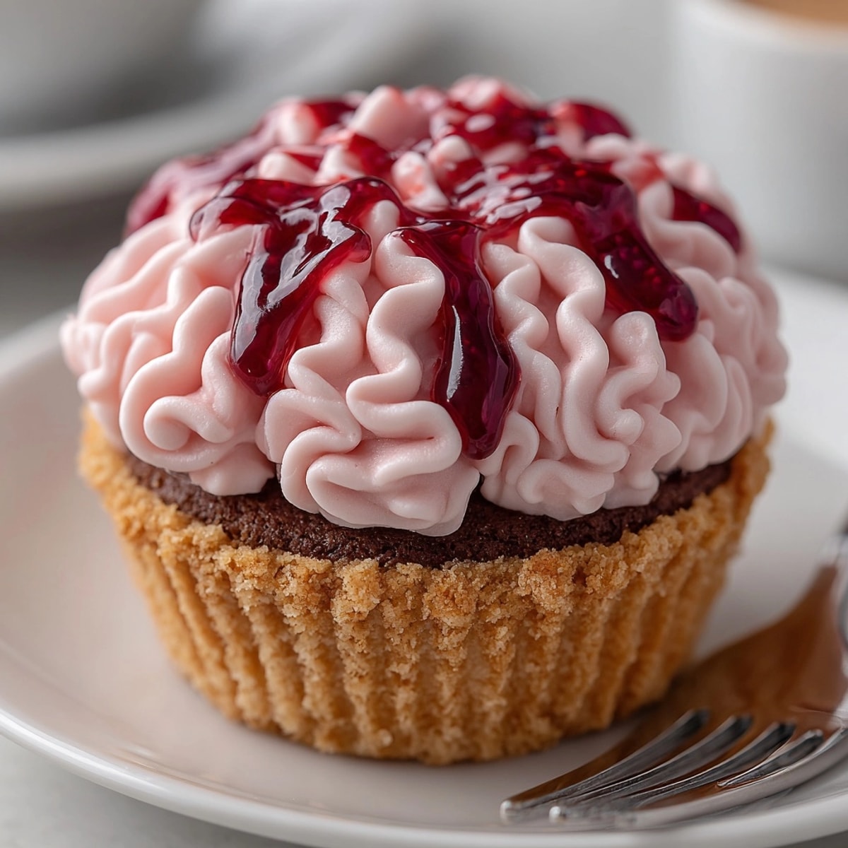 Halloween treat: Zombie Brain Cupcakes with piped vanilla frosting, ready to serve.
