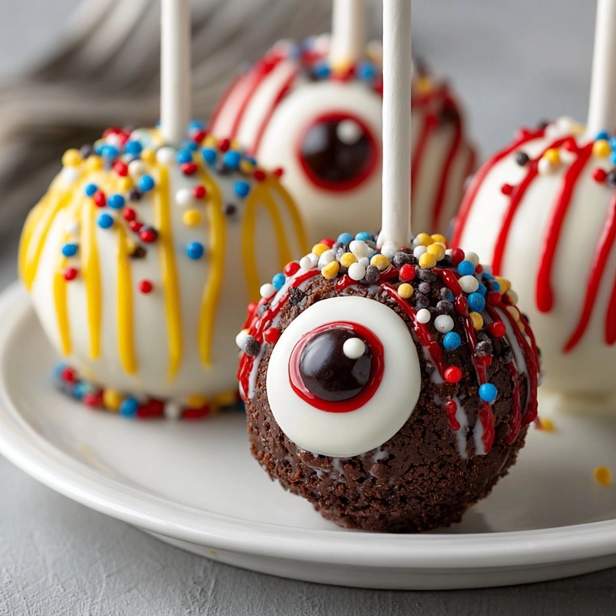 Sinister devil's food cake pop eyeballs glisten with white chocolate, red veins creating eerie treats.