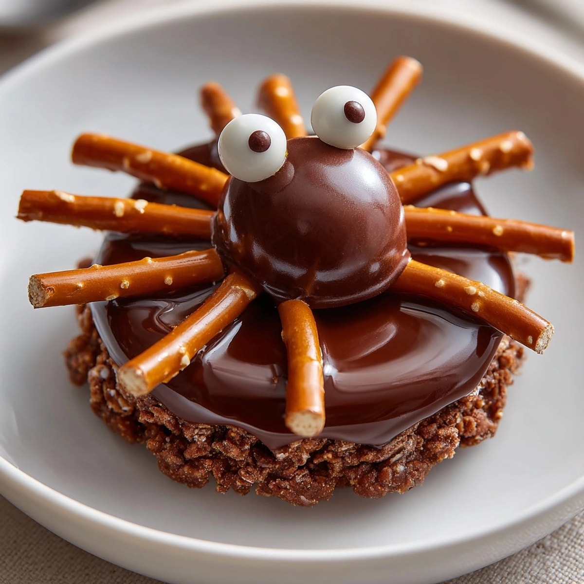 Melty chocolate coats pretzel spider legs with candy eyes ready for spooky treats.