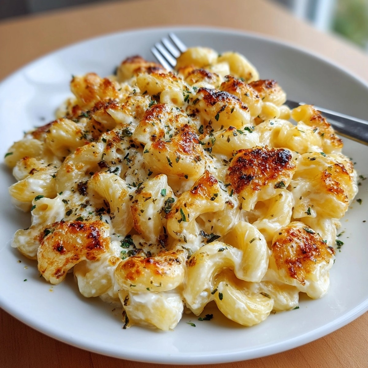 Close-up of bubbling 2-Ingredient Baked Feta Mac & Cheese just out of the oven.
