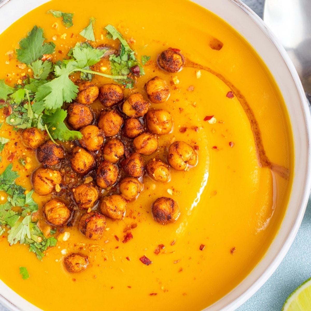 Creamy Thai pumpkin soup with crispy chickpeas, a vibrant vegan autumnal dinner.