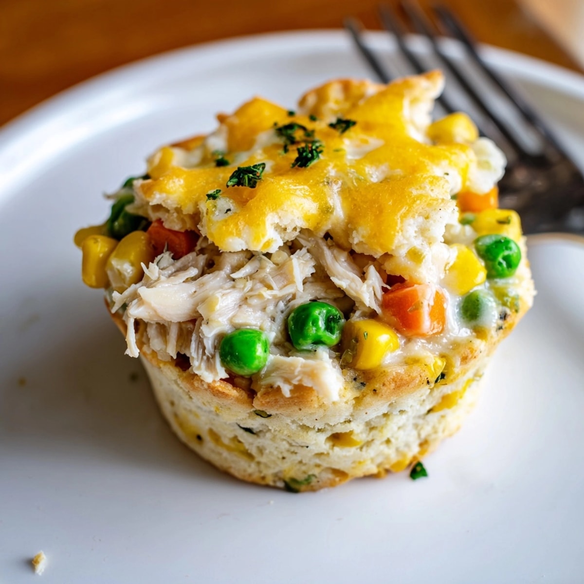 Top-down shot of golden Cheesy Garlic Chicken Pot Pie Muffins fresh from the oven.