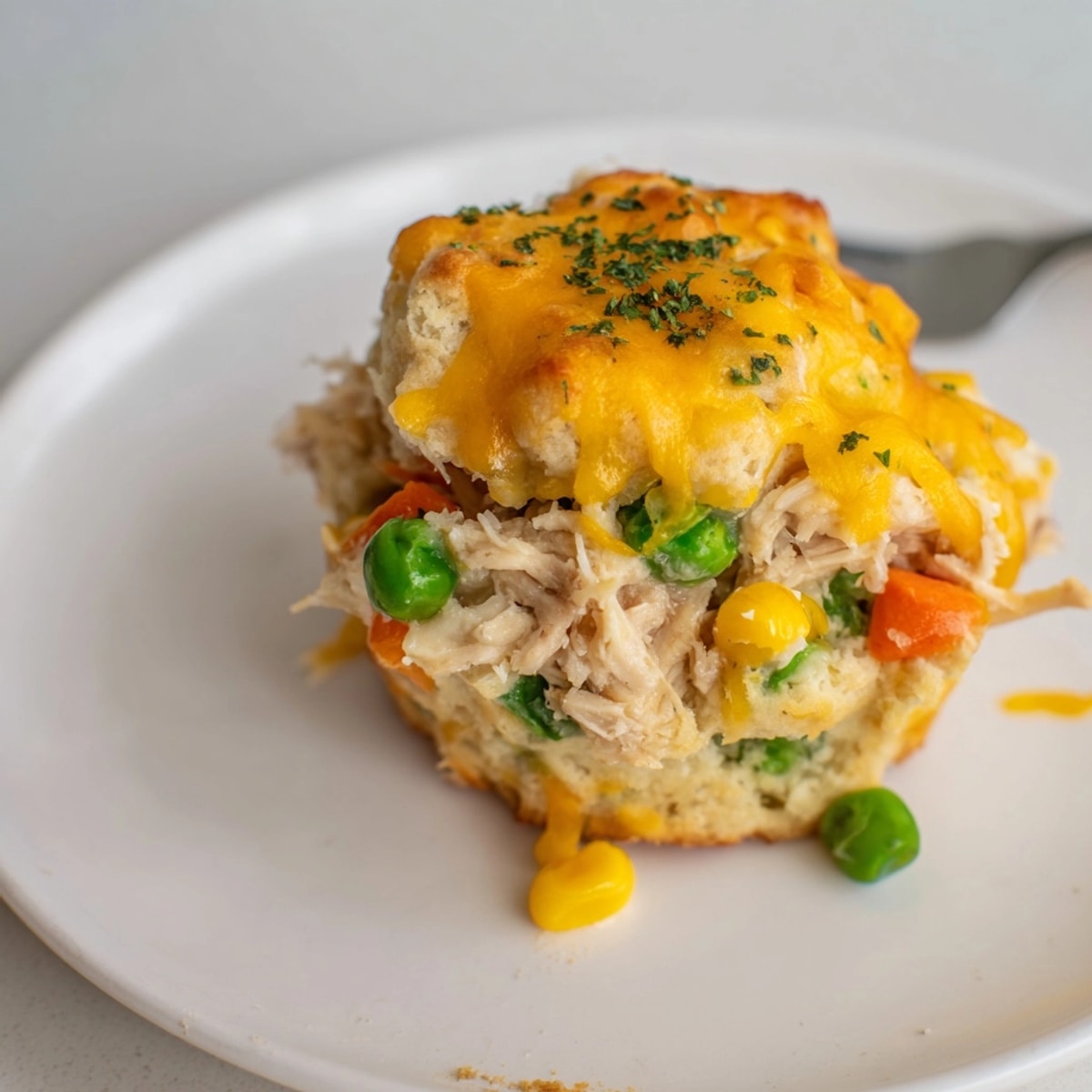 Comforting Cheesy Garlic Chicken Pot Pie Muffins, a creamy, flavorful bite for dinner.