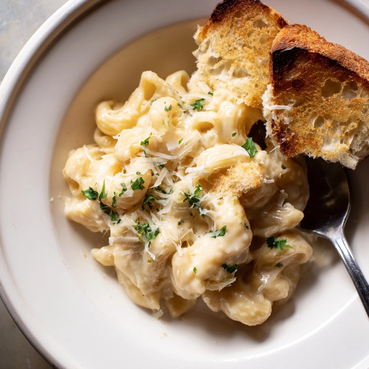 Golden baked Mac and Cheese Sourdough Skillet, bubbly cheese visible, ready to eat.