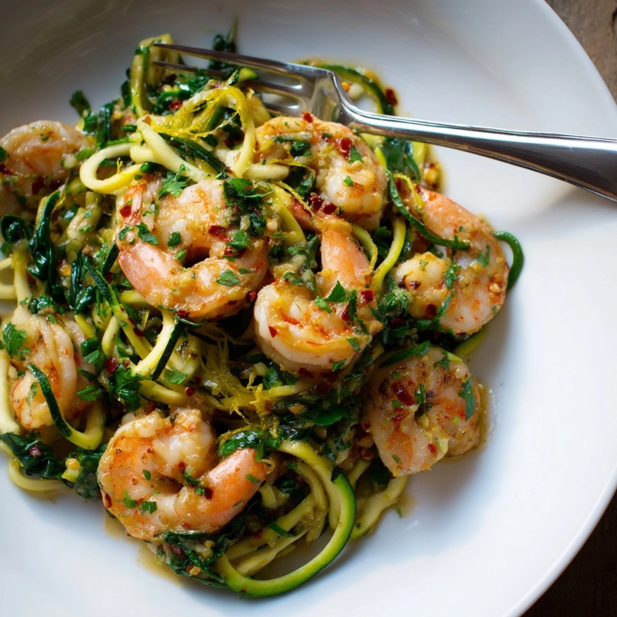 Shrimp Scampi Zucchini Noodles: Sautéed shrimp and zoodles glistening in a lemon-garlic sauce.