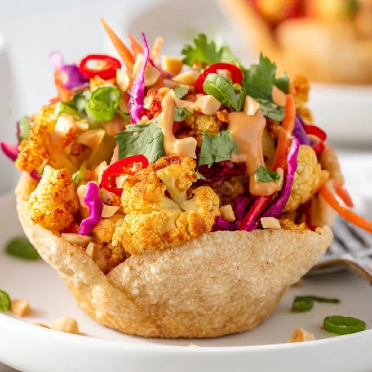 Golden Thai Peanut Cauliflower Taco Cups, stuffed with vibrant veggies, drizzle with rich peanut sauce.