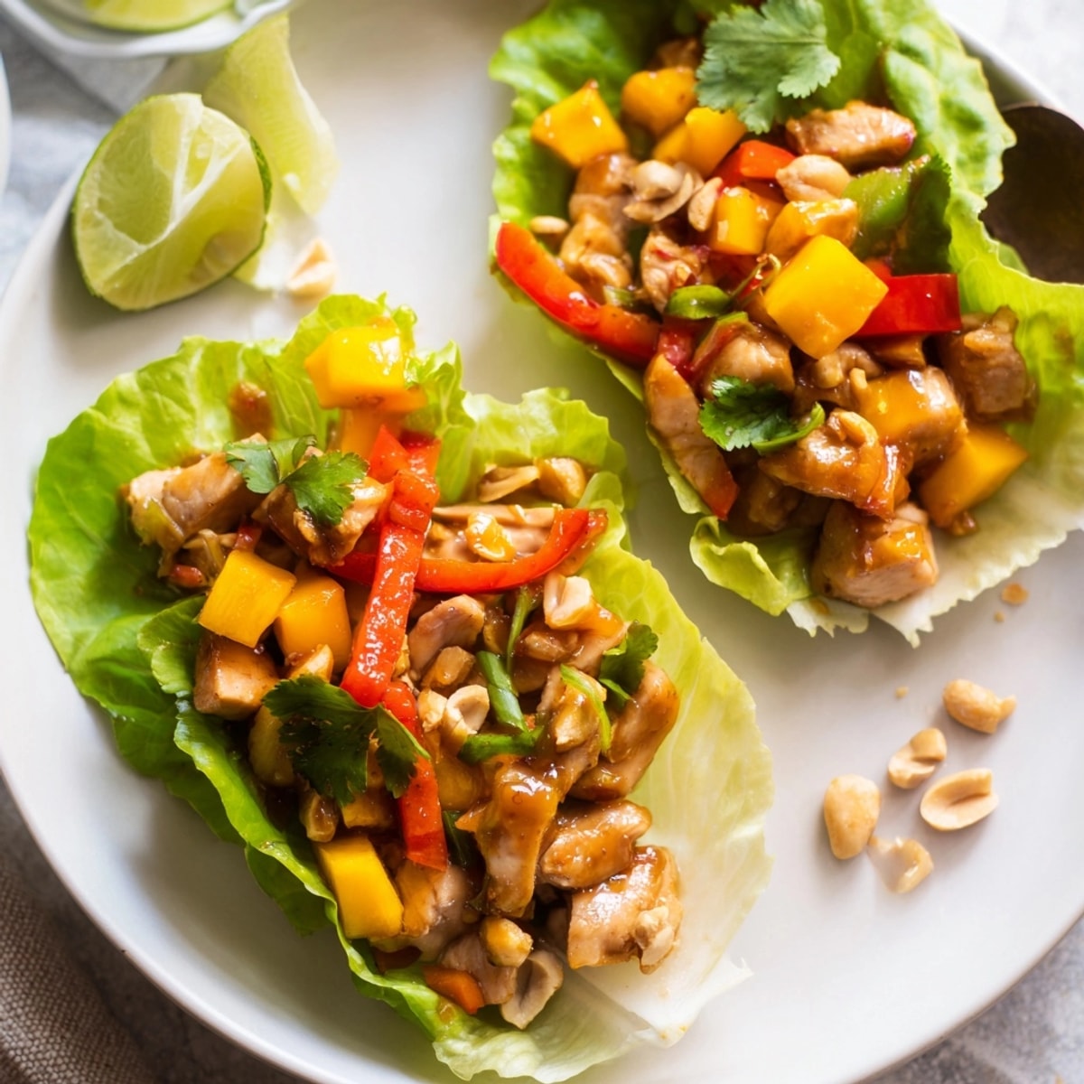 Mango chili chicken lettuce cups: savory, sweet, and spicy—perfect quick dinner.