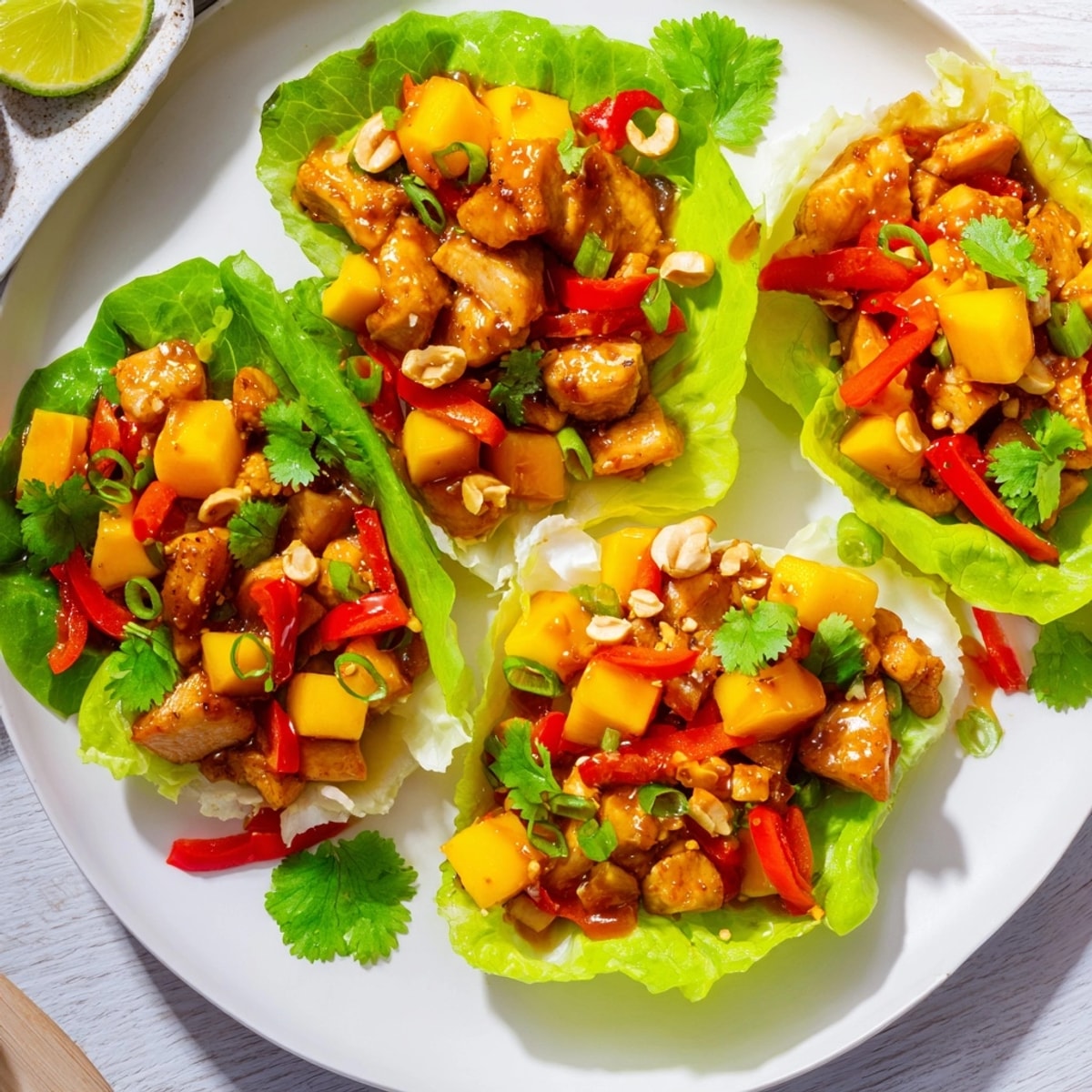 Golden chicken filled lettuce cups: a refreshing bite of mango chili chicken recipe.