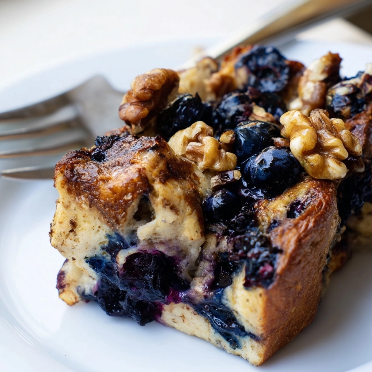 Fluffy Protein Blueberry French Toast Bake served warm; view shows a comforting breakfast casserole.